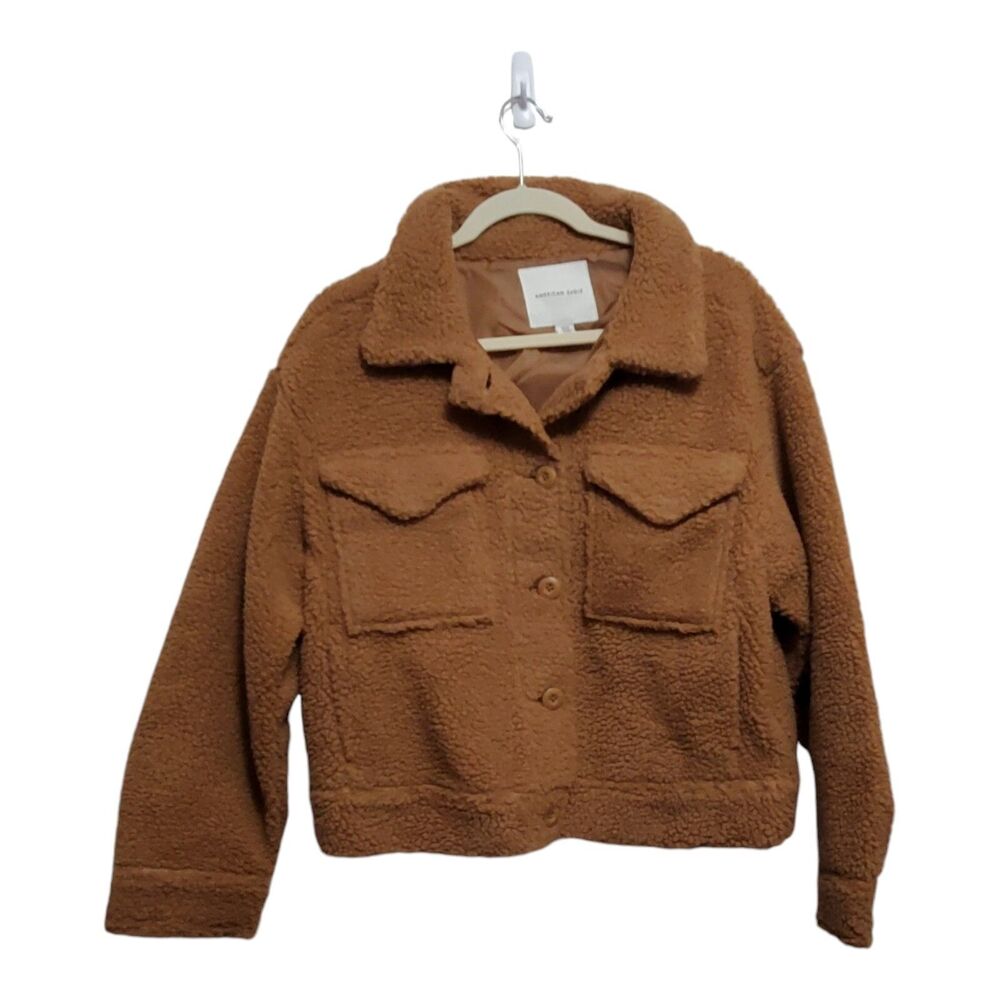 American Eagle Fleece Jacket Brown Womens Size Small Pockets Lined Cropped NEW